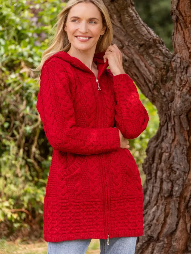 Women Sweater Shop Hooded Coat with Celtic Knot Zipper Cherry