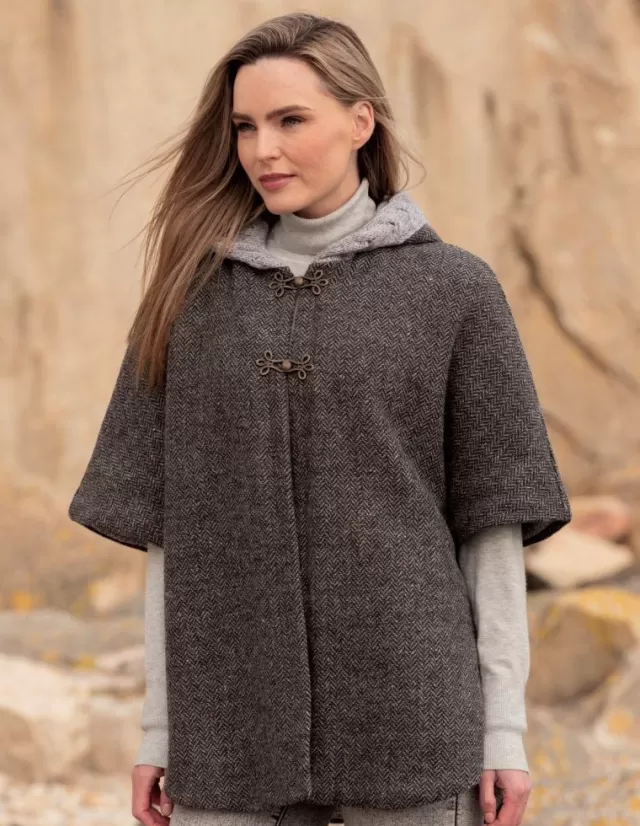 Women Sweater Shop Hooded Tweed Cape - Charcoal