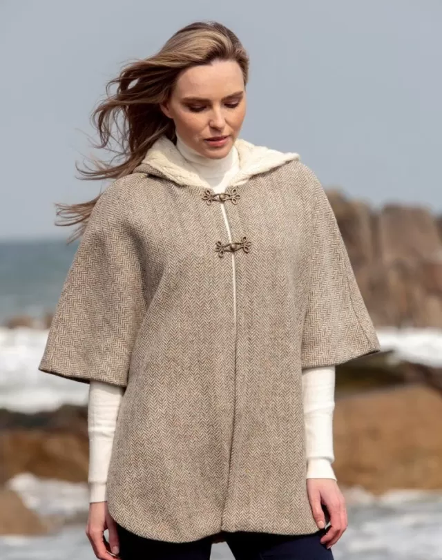 Women Sweater Shop Hooded Tweed Cape - Natural