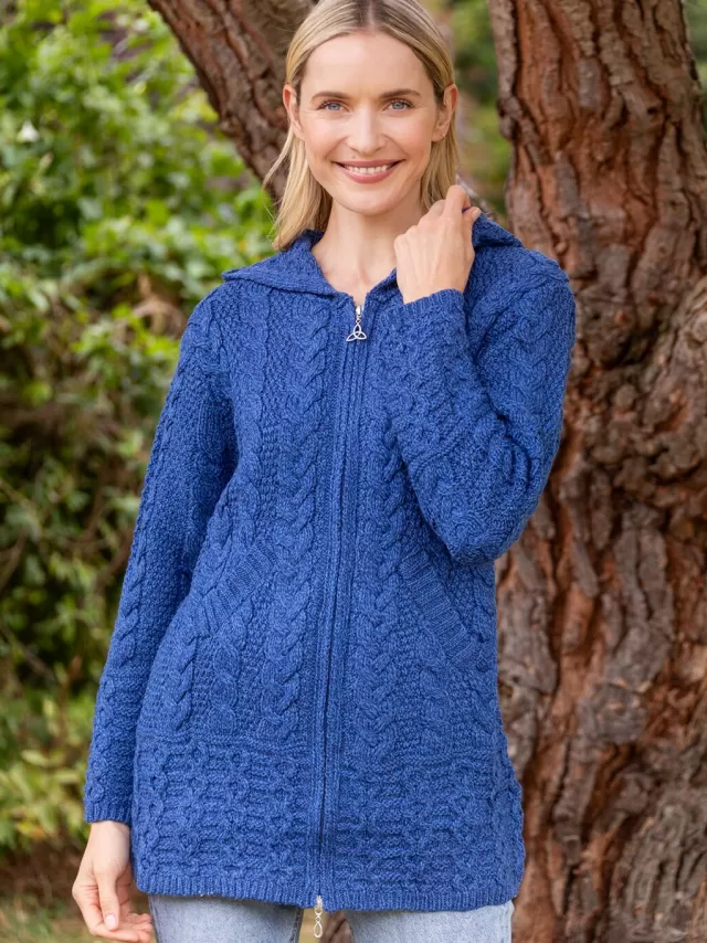 Women Sweater Shop Hooded Zip Coat - Blue Marl