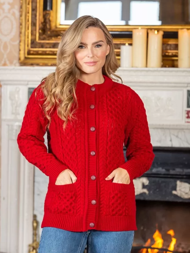 Women Sweater Shop Irish Aran Cardigan Red