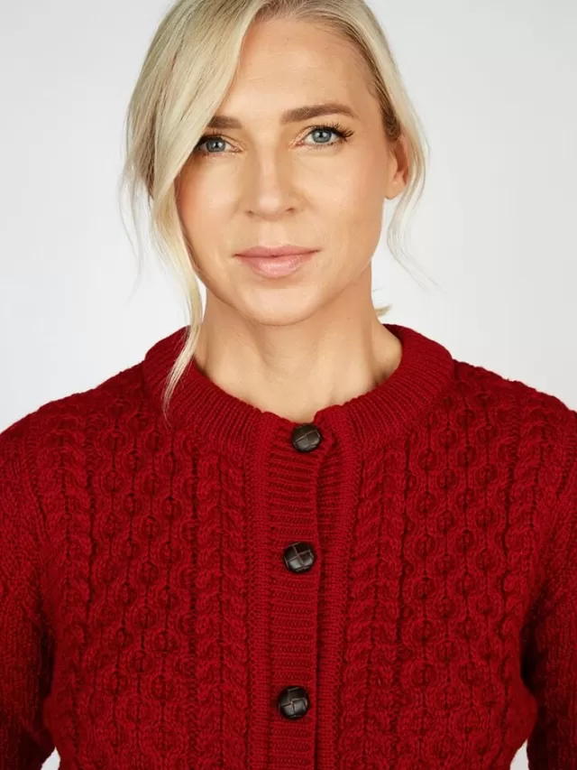 Women Sweater Shop Irish Aran Cardigan Red