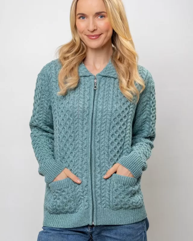 Women Sweater Shop Irish Aran Cardigan with Zip - Aqua