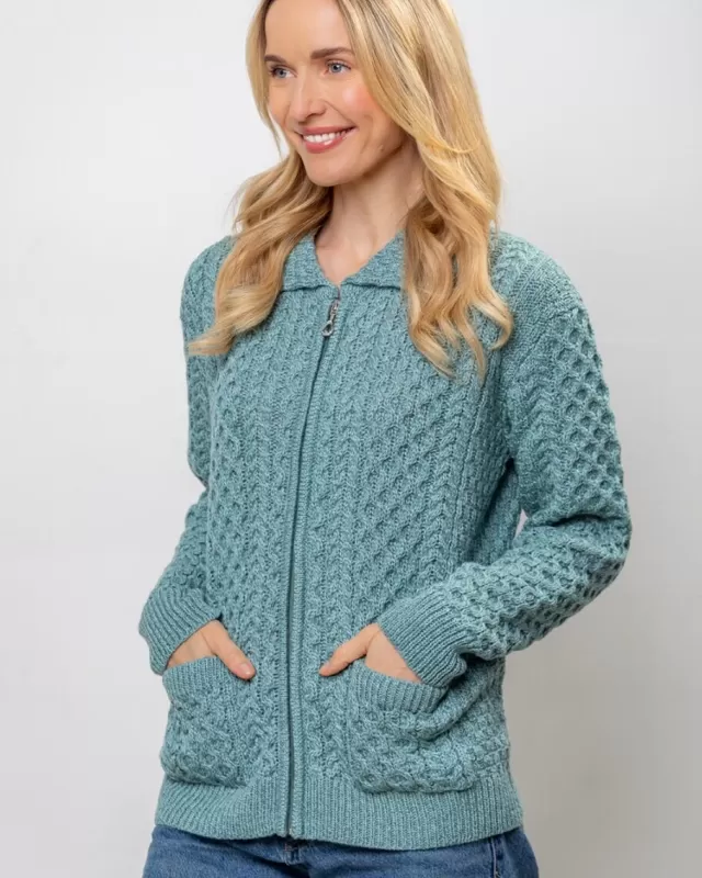 Women Sweater Shop Irish Aran Cardigan with Zip - Aqua