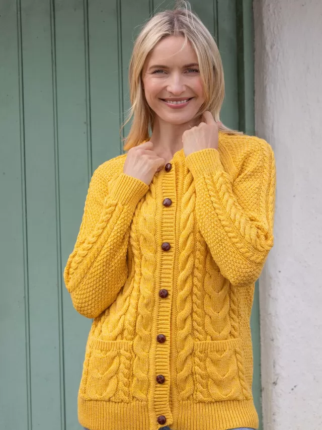 Women Sweater Shop Irish Aran Cardigan Yellow