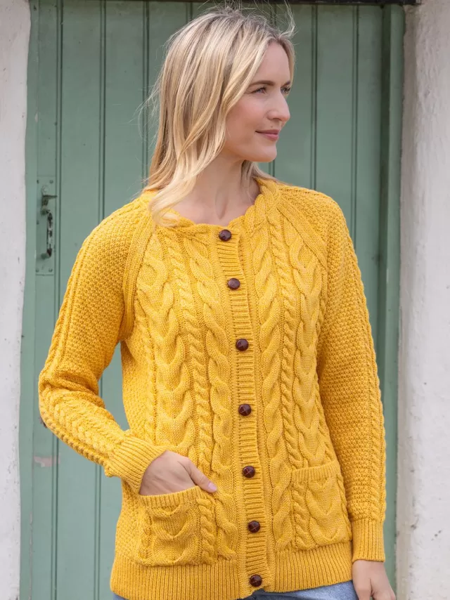 Women Sweater Shop Irish Aran Cardigan Yellow