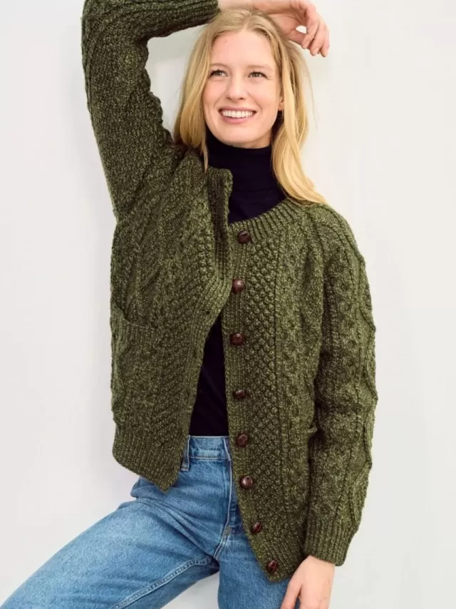 Women Sweater Shop Irish Aran Handknit Lumber Cardigan Green