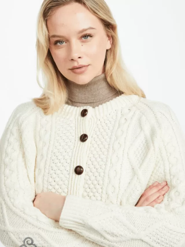 Women Sweater Shop Irish Aran Handknit Lumber Cardigan Natural