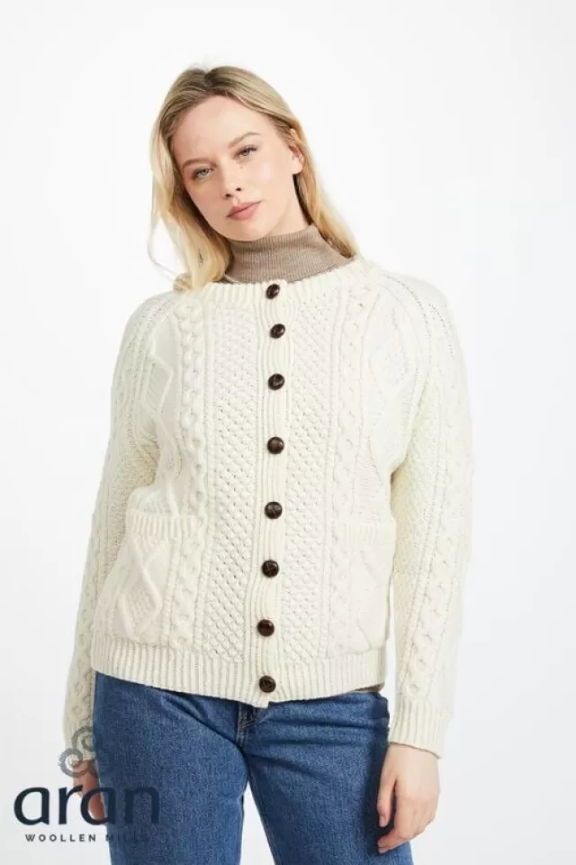 Women Sweater Shop Irish Aran Handknit Lumber Cardigan Natural