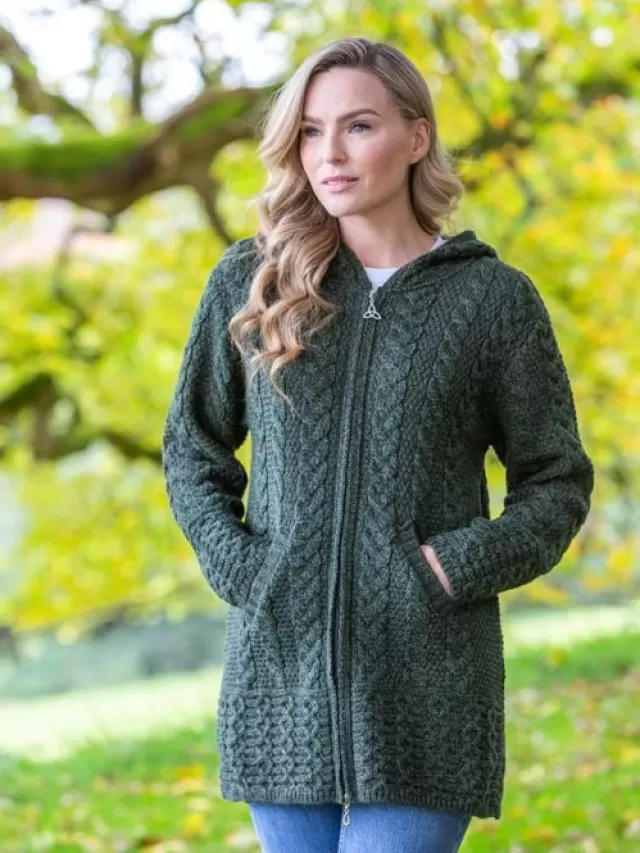 Women Sweater Shop Irish Aran Hooded Coat Army Green