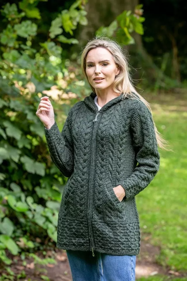 Women Sweater Shop Irish Aran Hooded Coat Army Green