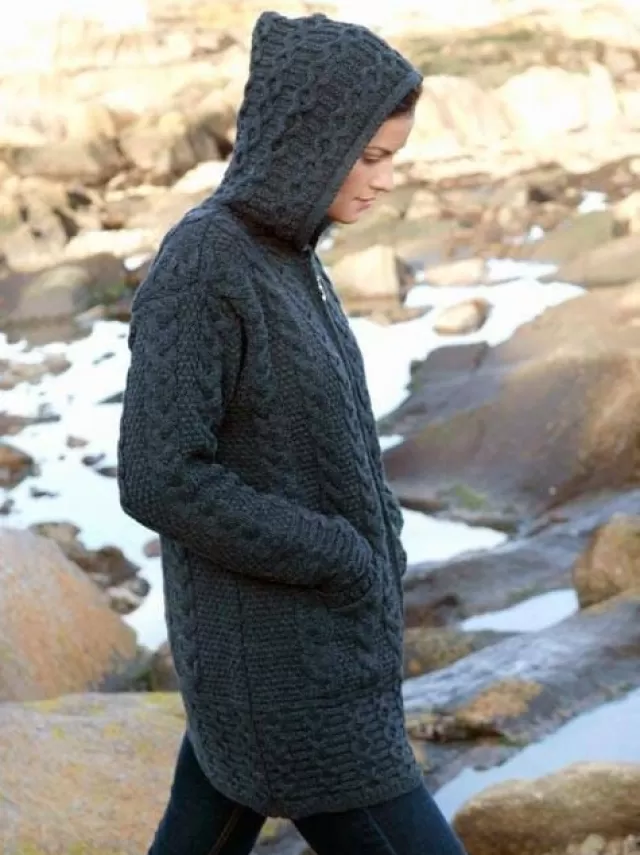 Women Sweater Shop Irish Aran Hooded Coat Charcoal