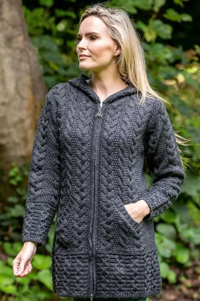 Women Sweater Shop Irish Aran Hooded Coat Charcoal