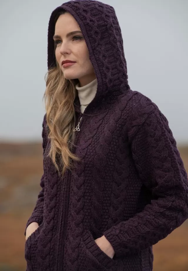 Women Sweater Shop Irish Aran Hooded Coat Damson