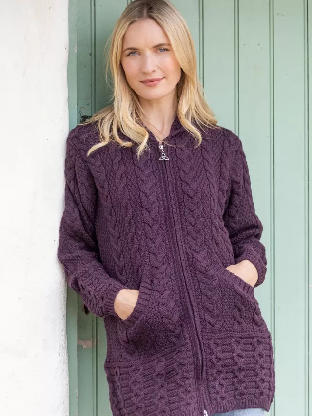 Women Sweater Shop Irish Aran Hooded Coat Damson