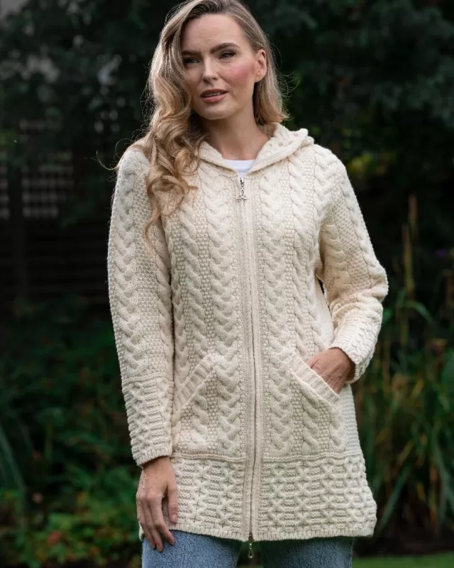 Women Sweater Shop Irish Aran Hooded Coat Natural