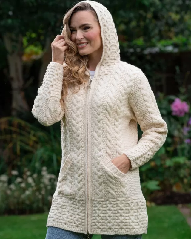 Women Sweater Shop Irish Aran Hooded Coat Natural