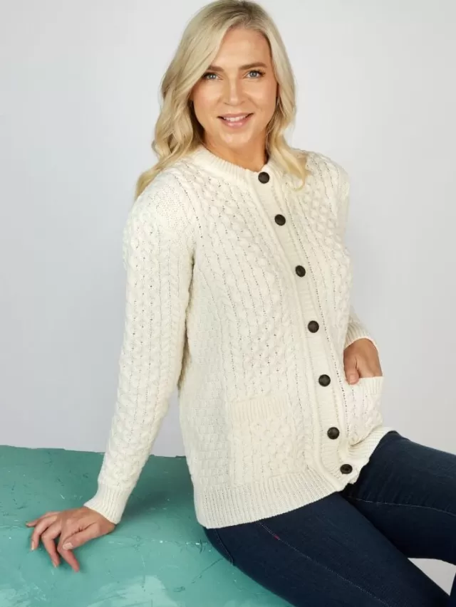 Women Sweater Shop Irish Aran Lumber Cardigan Natural