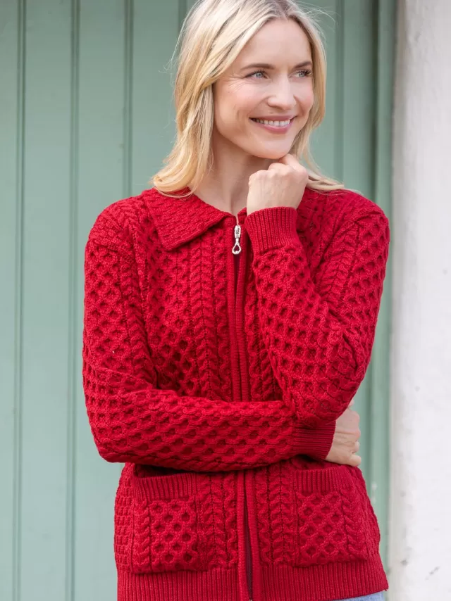 Women Sweater Shop Irish Aran Zip Cardigan with Collar - Red