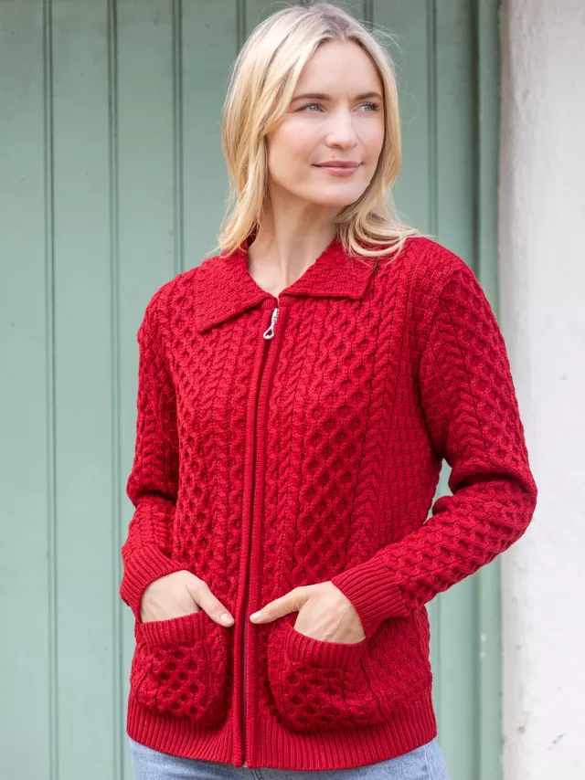 Women Sweater Shop Irish Aran Zip Cardigan with Collar - Red