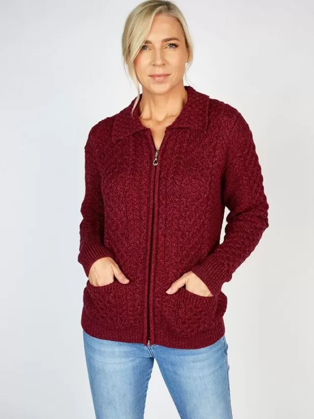 Women Sweater Shop Irish Aran Zip with Collar Raspberry