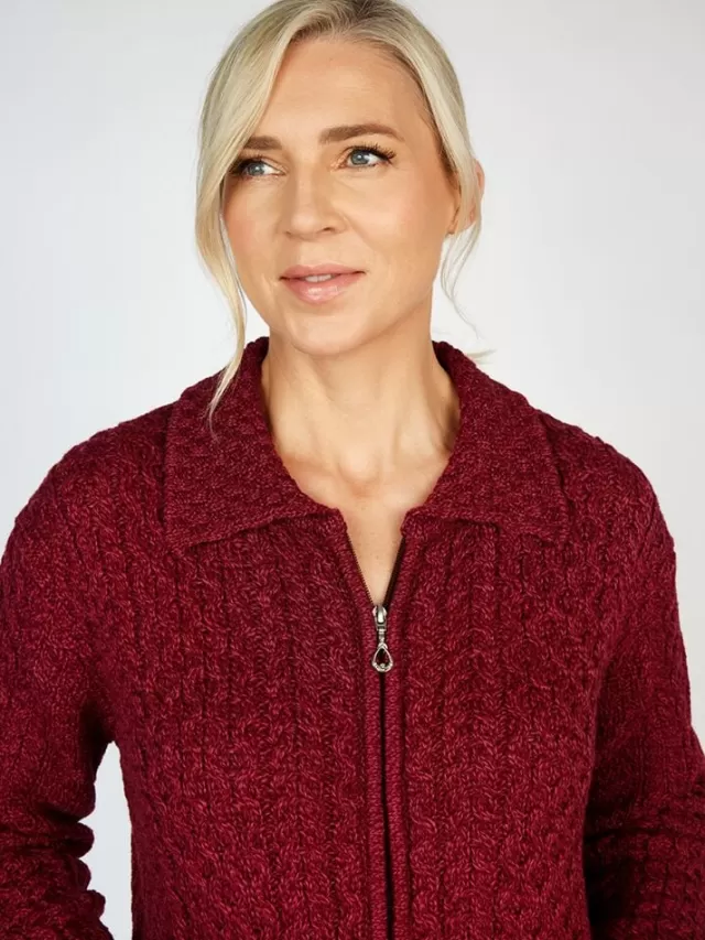 Women Sweater Shop Irish Aran Zip with Collar Raspberry