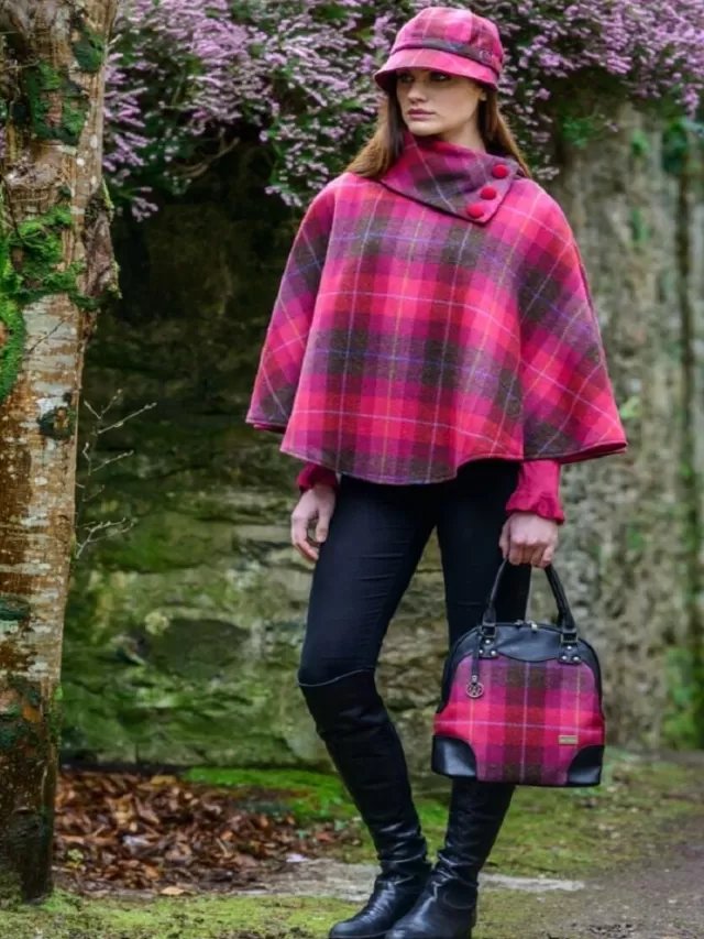 Women Sweater Shop Irish Tweed Poncho Pink Check 223