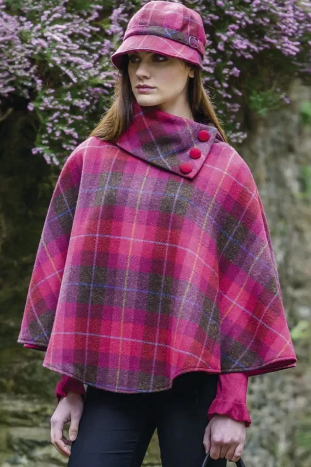 Women Sweater Shop Irish Tweed Poncho Pink Check 223