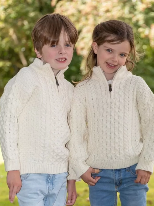 Kids Sweater Shop Kids Aran Half Zip Sweater Natural