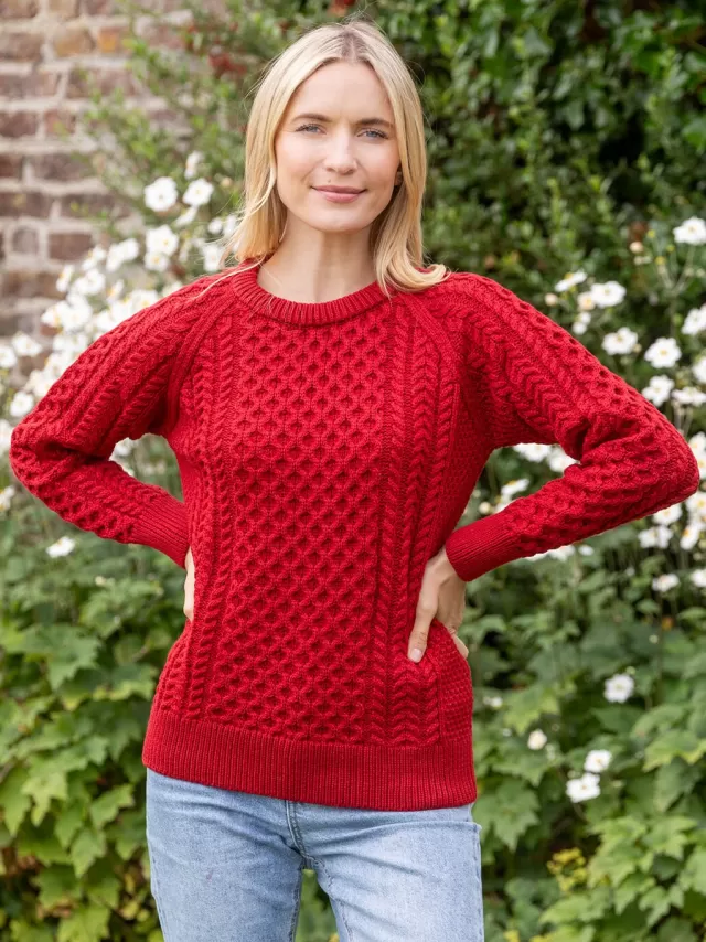 Women Sweater Shop Ladies 100% Merino Wool Aran Sweater Red