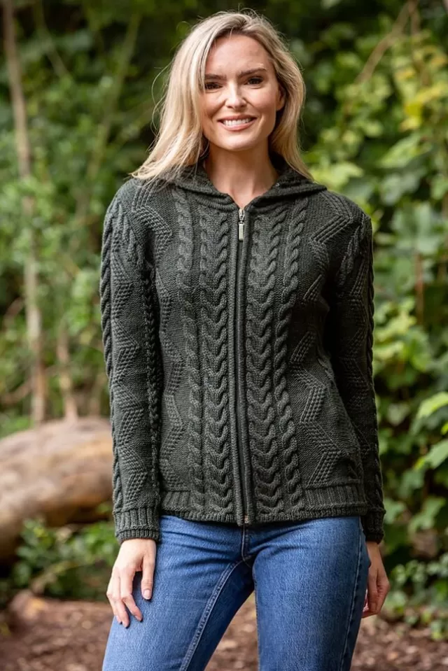 Women Sweater Shop Ladies Aran Hooded Cardigan With Cladagh Zip