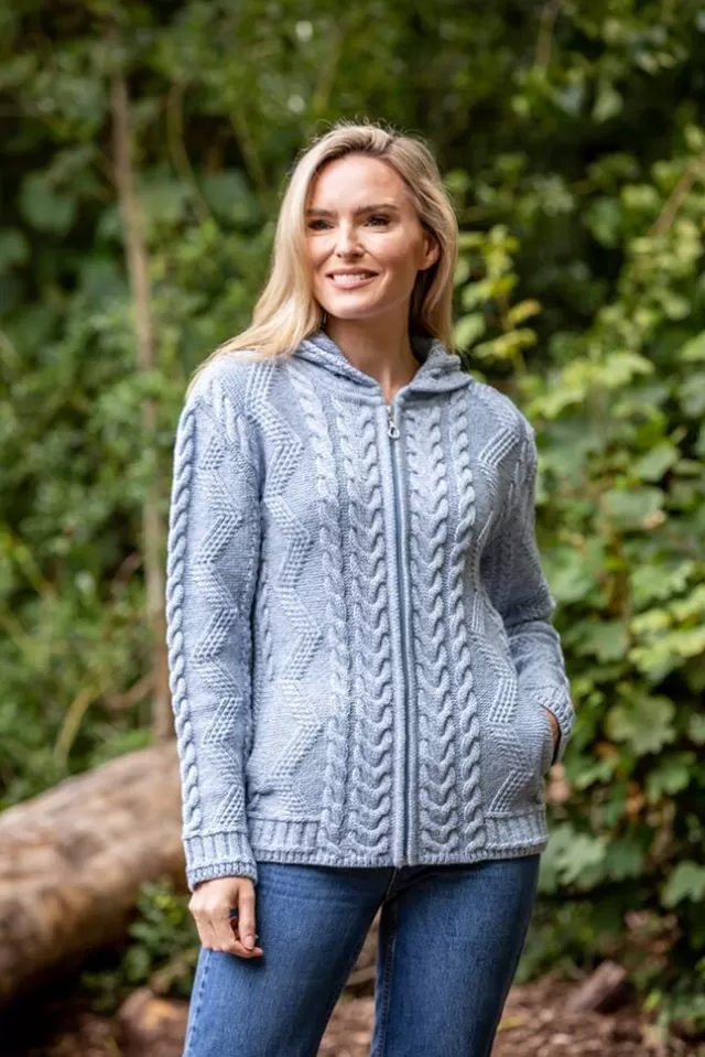 Women Sweater Shop Ladies Aran Hooded Cardigan With Cladagh Zip