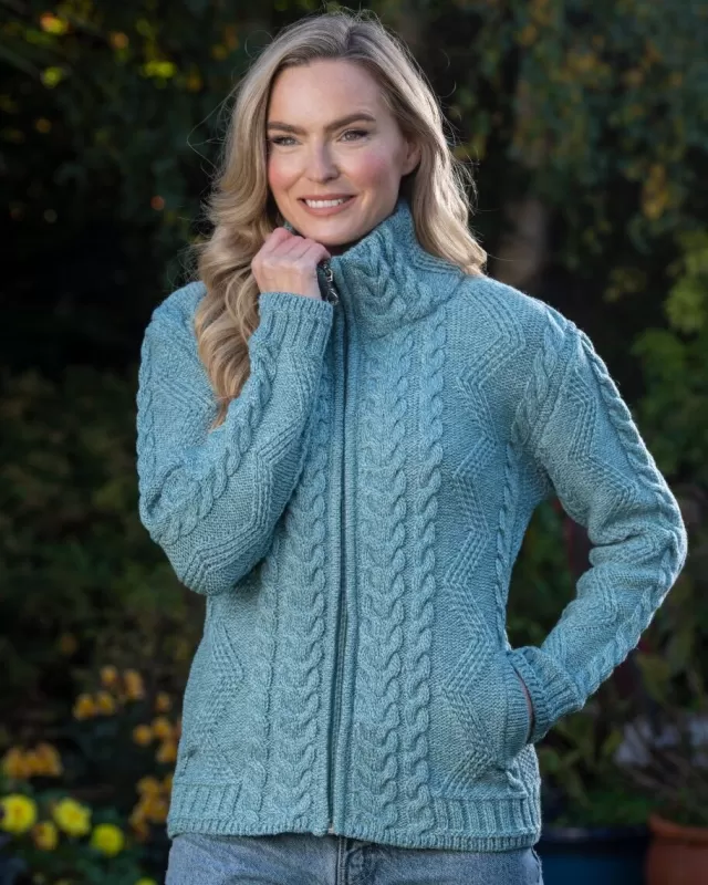 Women Sweater Shop Ladies Aran Turtleneck Zip Aqua