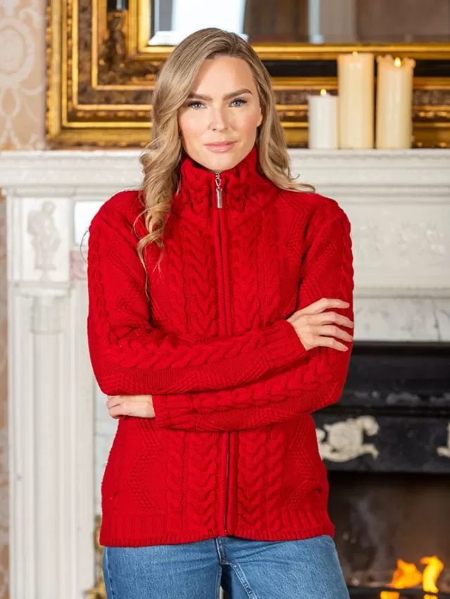 Women Sweater Shop Ladies Aran Turtleneck Zip Cardigan Red