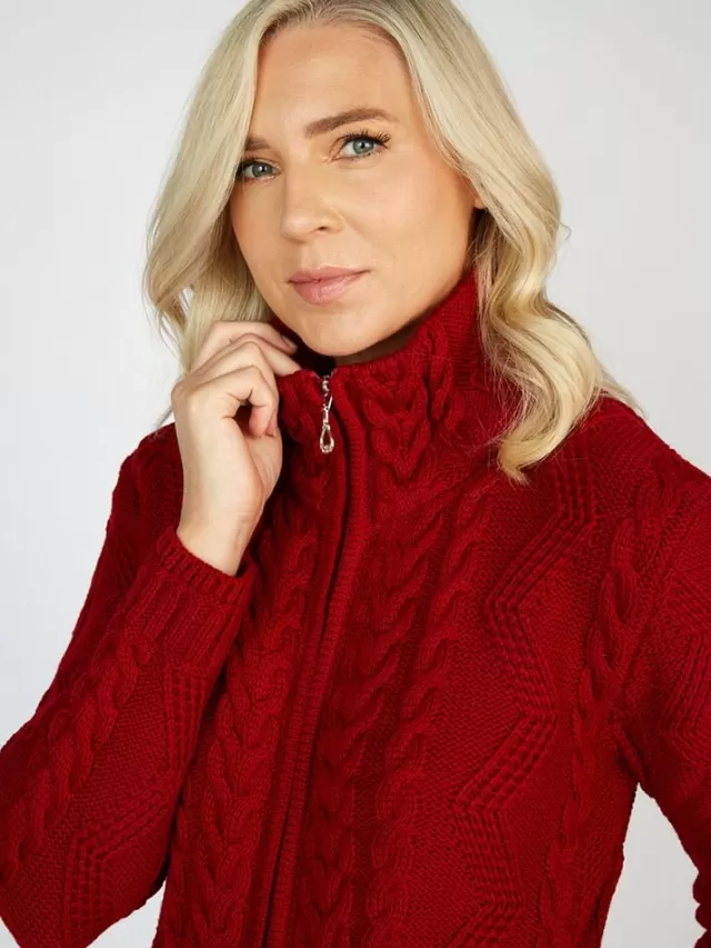 Women Sweater Shop Ladies Aran Turtleneck Zip Cardigan Red