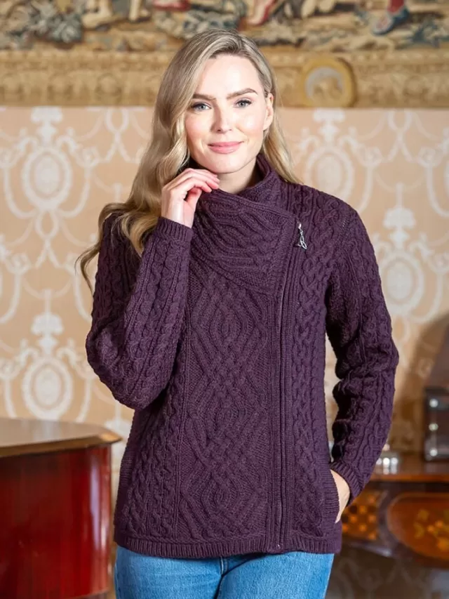 Women Sweater Shop Ladies Cable Knit Side Zip Cardigan - Purple