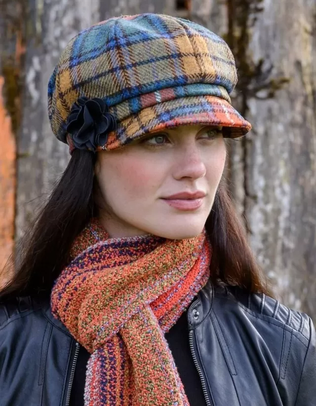 Women Sweater Shop LADIES IRISH NEWSBOY CAP ORANGE CHECK Col: 60