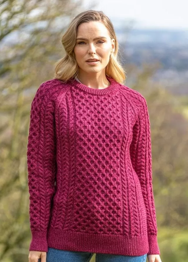 Women Sweater Shop Ladies Merino Wool Fitted Aran Sweater Raspberry