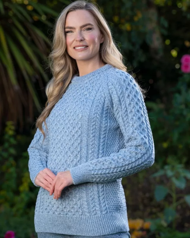 Women Sweater Shop Ladies Merino Wool Fitted Aran Sweater Sky Blue