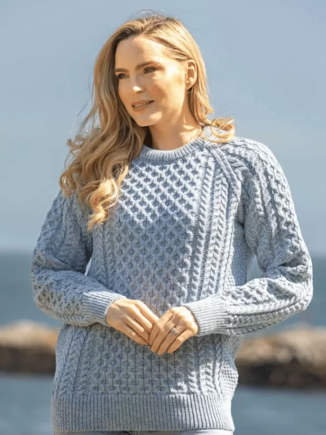 Women Sweater Shop Ladies Merino Wool Fitted Aran Sweater Sky Blue