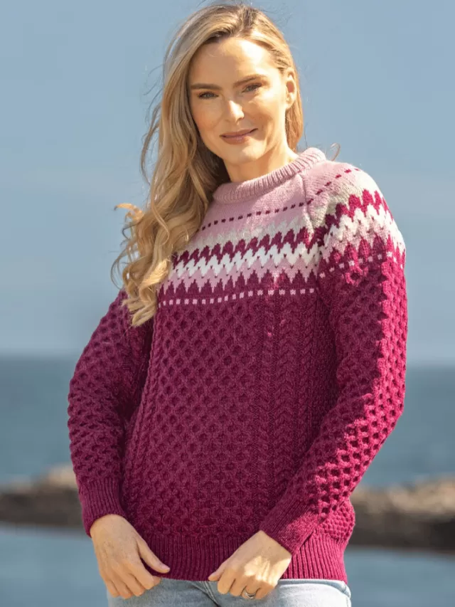 Women Sweater Shop Ladies Merino Wool Fitted Fairisle Sweater Raspberry