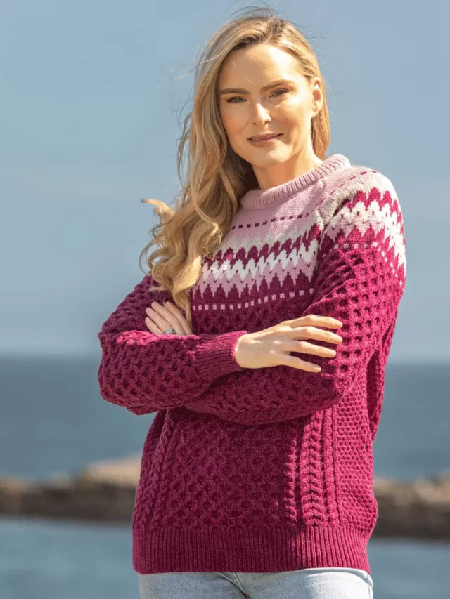 Women Sweater Shop Ladies Merino Wool Fitted Fairisle Sweater Raspberry