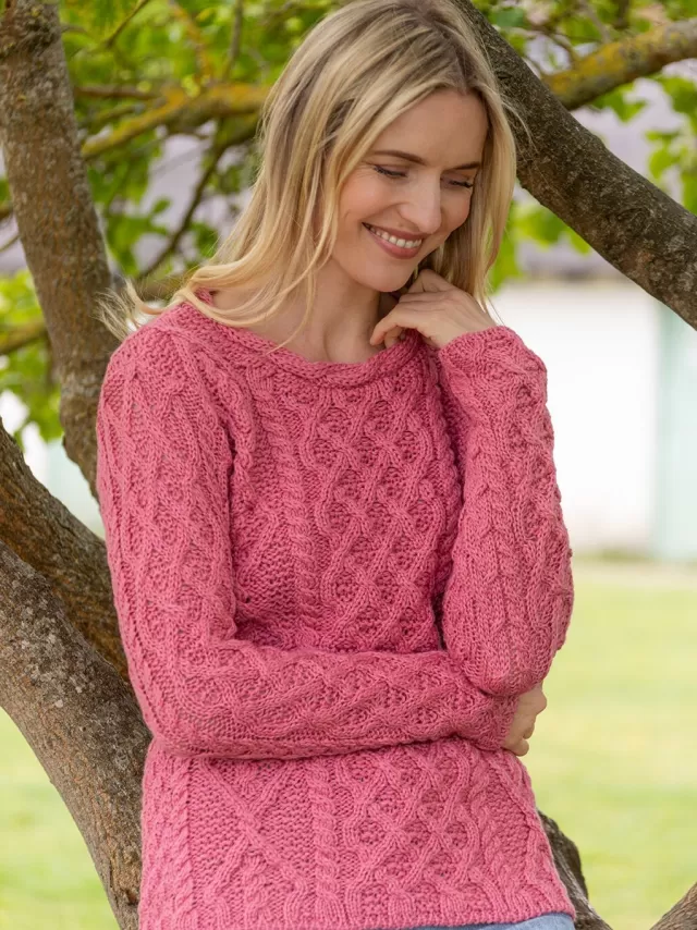 Women Sweater Shop Lambay Lattice Cable Aran Sweater Rosa Pink