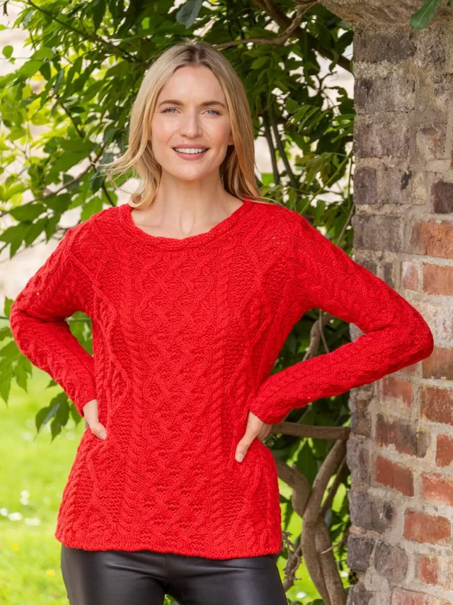 Women Sweater Shop Lambay Lattice Cable Knit Aran Sweater Scarlet