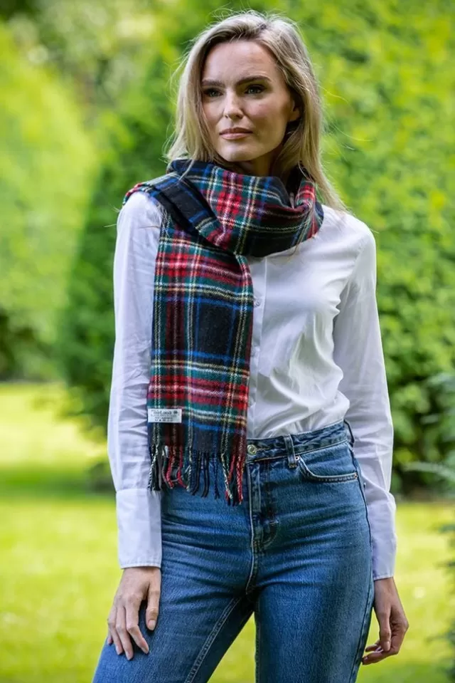 Women Sweater Shop 100% Lambswool Tartan Scarf Black Stewart