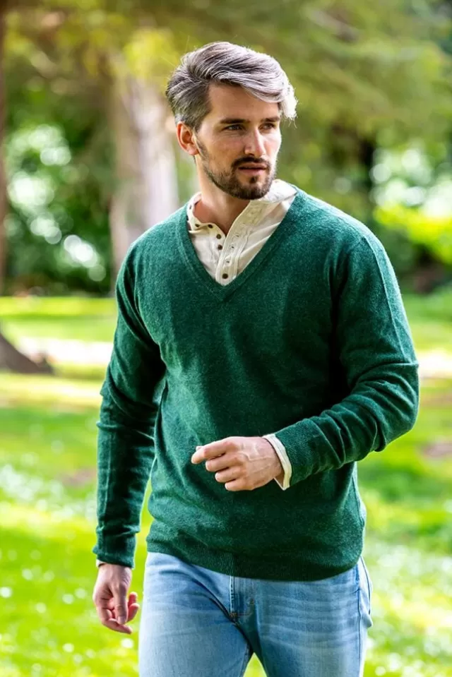 Sweater Shop 100% Lambswool V Neck Green Melange