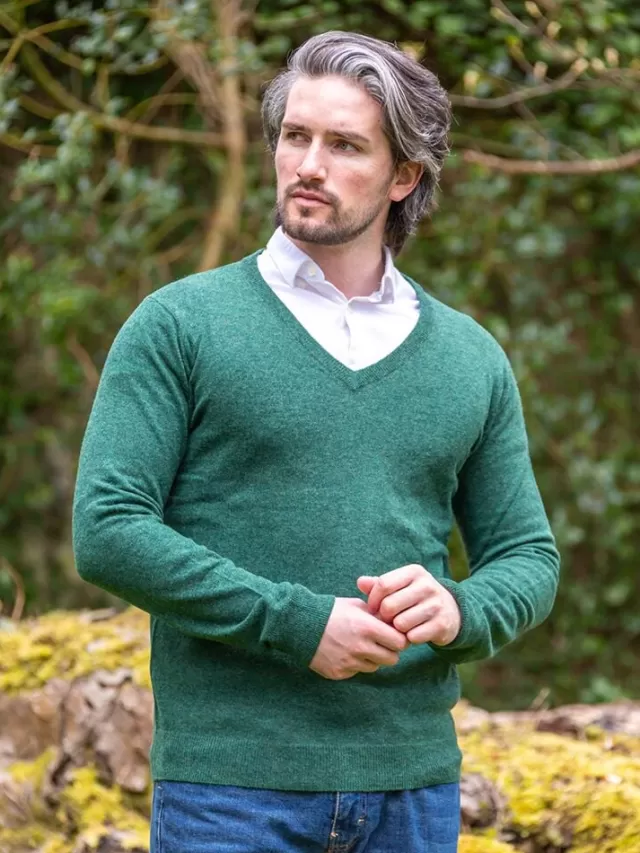 Sweater Shop 100% Lambswool V Neck Green Melange