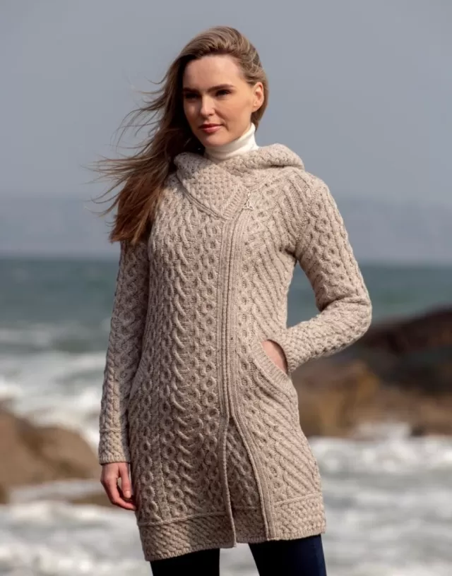 Women Sweater Shop Long Heart Design Coat - Oatmeal