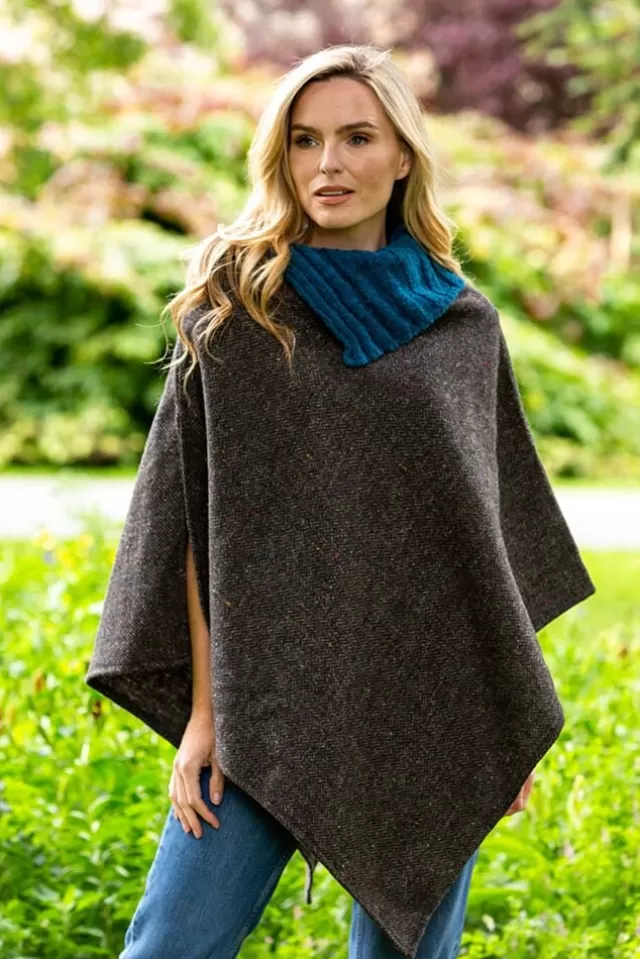 Women Sweater Shop Made in Ireland Tweed Poncho with Collar Grey