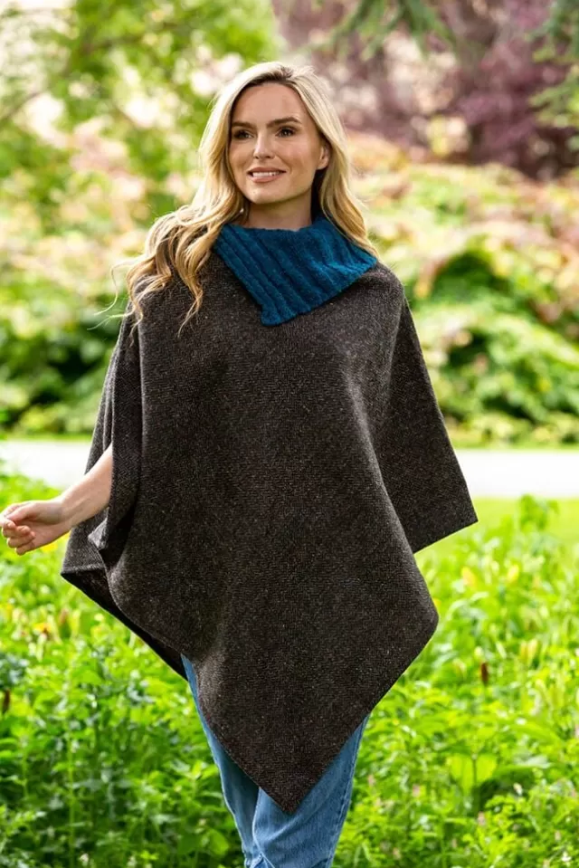 Women Sweater Shop Made in Ireland Tweed Poncho with Collar Grey